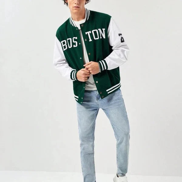 White & Green Boston Print Varsity Baseball Jacket