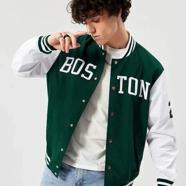 Green Boston Print Baseball Jacket for Men