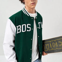 Green Boston Print Baseball Jacket