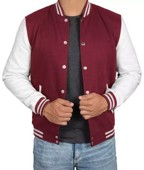 Maroon and White Plain Varsity Baseball Style Jacket