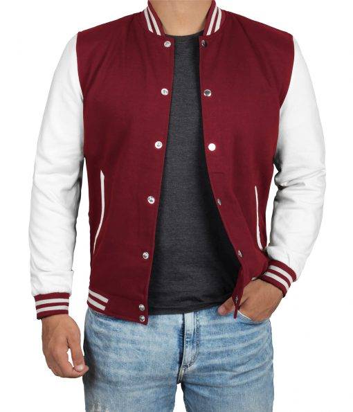 Maroon and White Plain Varsity Baseball Style Jacket